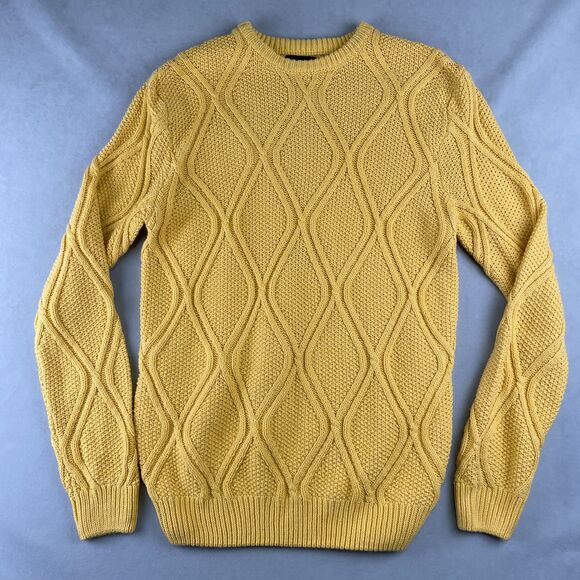 Zara Sweater Mens L Yellow Cable Knit Crewneck Pullover Diamond Cable Chic Prep - Picture 1 of 7